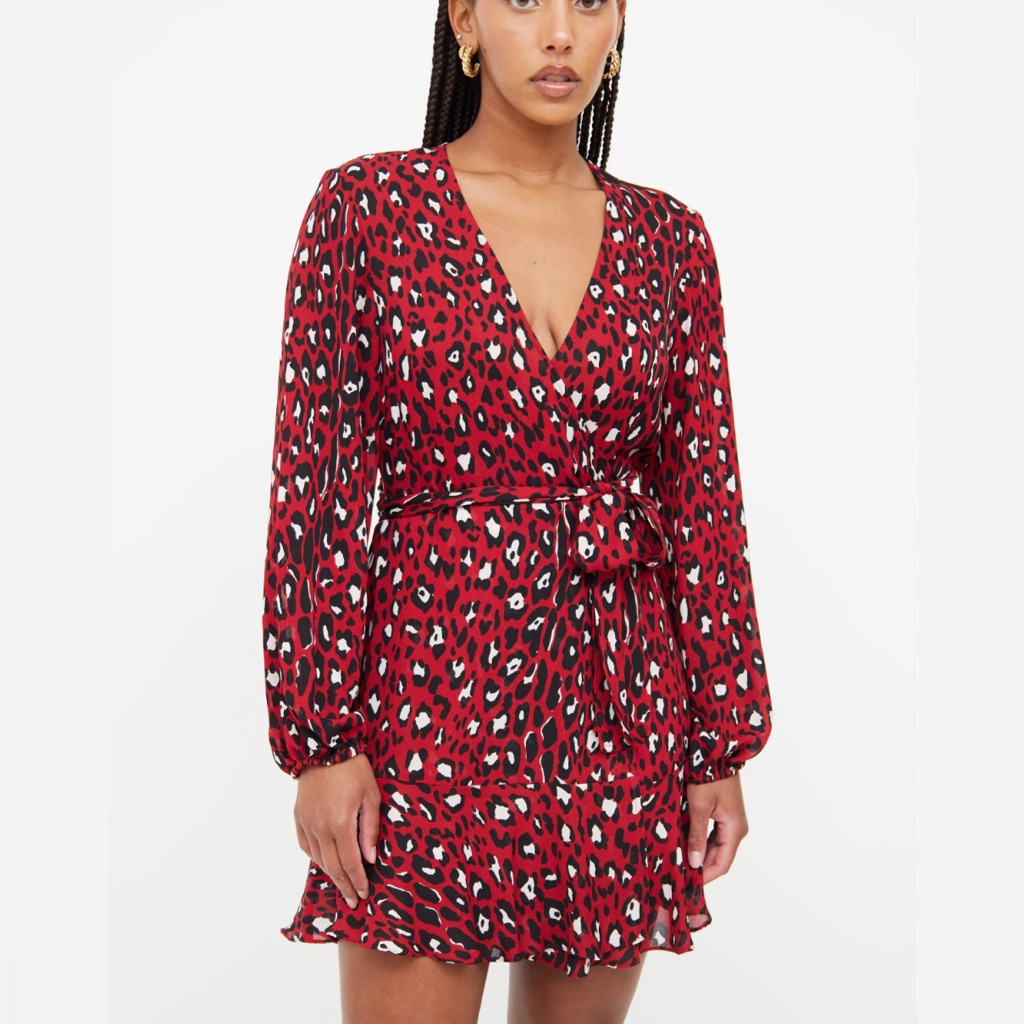 Alc Red And Black Print Wrap Silk Dress